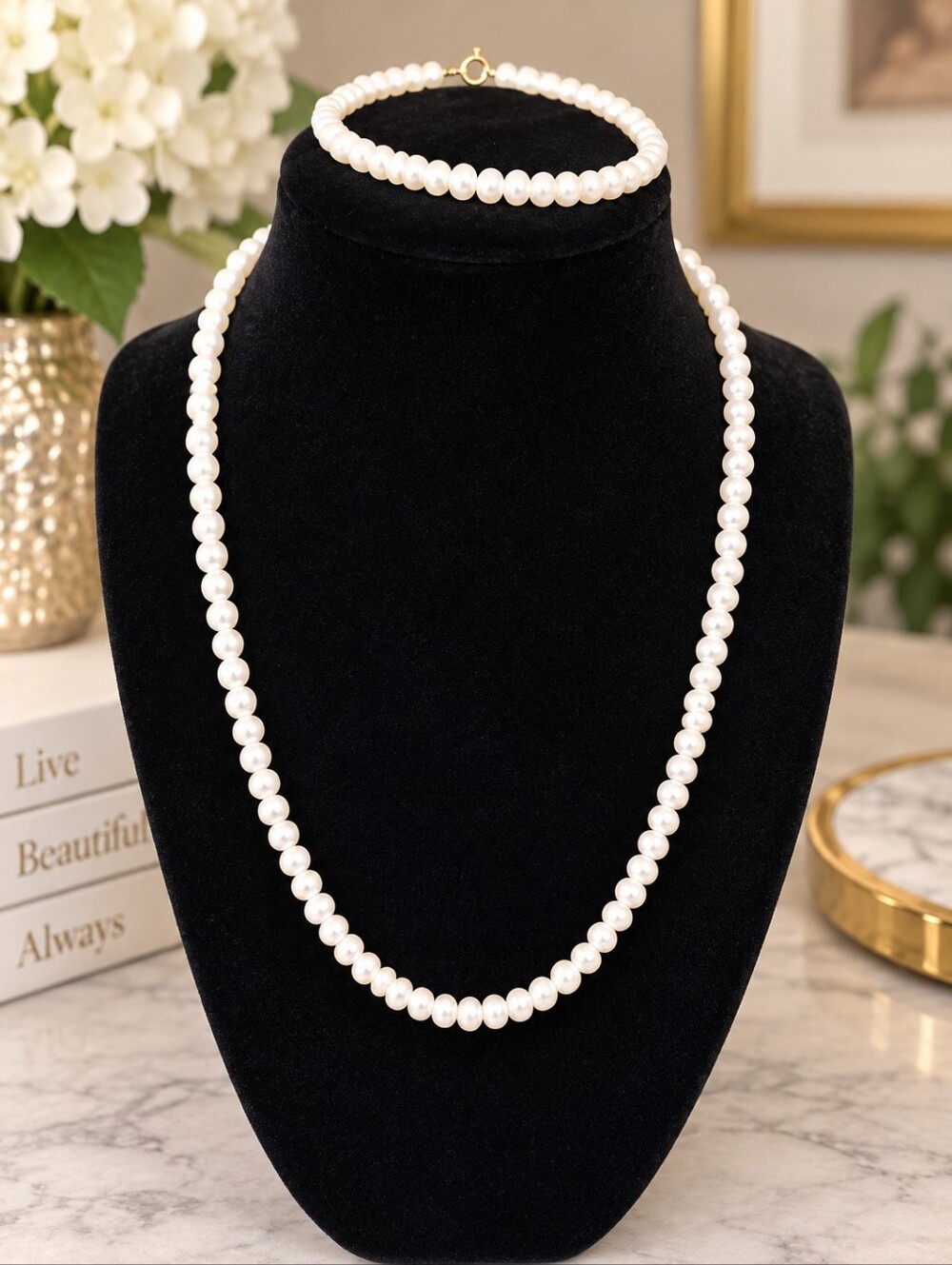 Vintage Real Pearl Necklace & Bracelet Set – 10K Gold Clasps